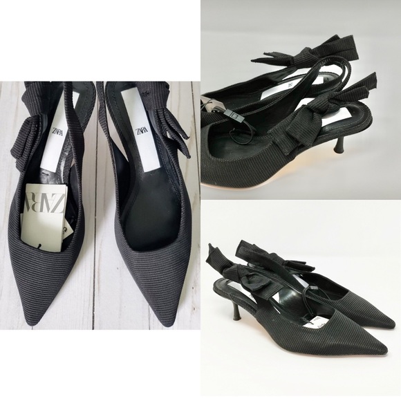 Zara Shoes - Zara black slingback kitten heel pumps pointed toe textured material bow detail